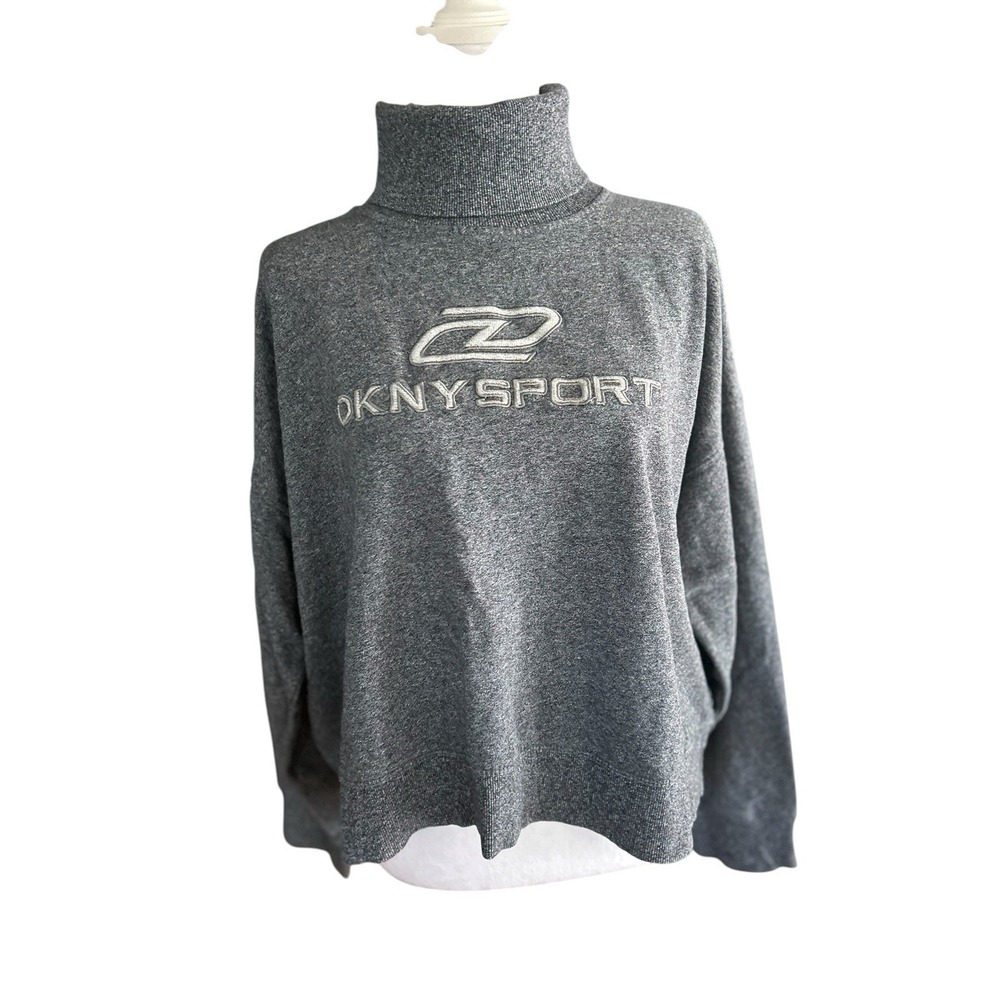Vintage DKNY Sport Heather Gray Cropped Turtleneck Sweatshirt Logo XL